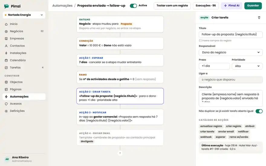 Pimzi automation editor: trigger, condition and actions with test