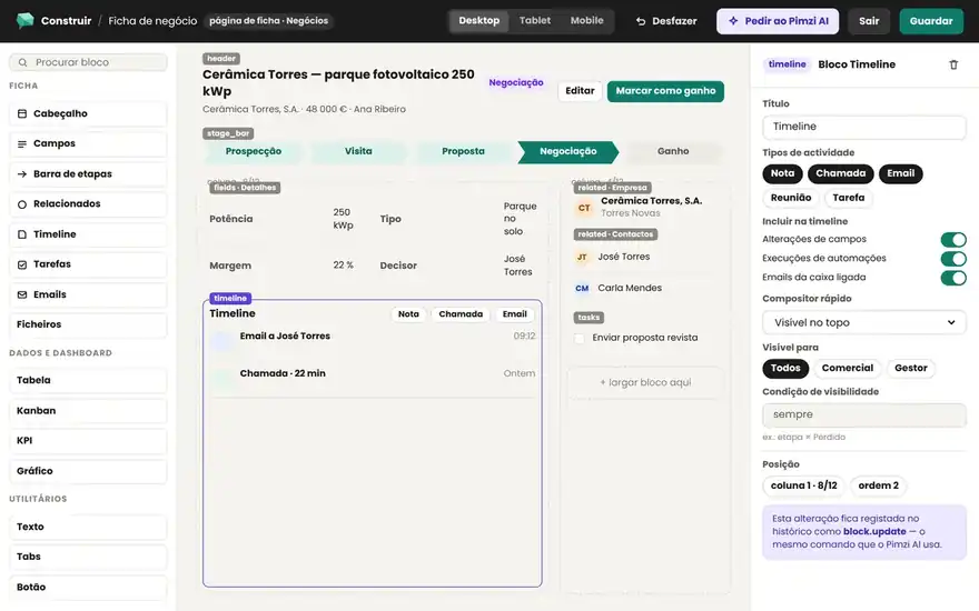 Pimzi build mode: record page with editable sections, columns and blocks