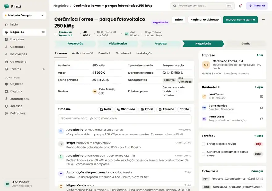 A deal record page in Pimzi: stages, fields, timeline, contacts, tasks and a Pimzi AI suggestion