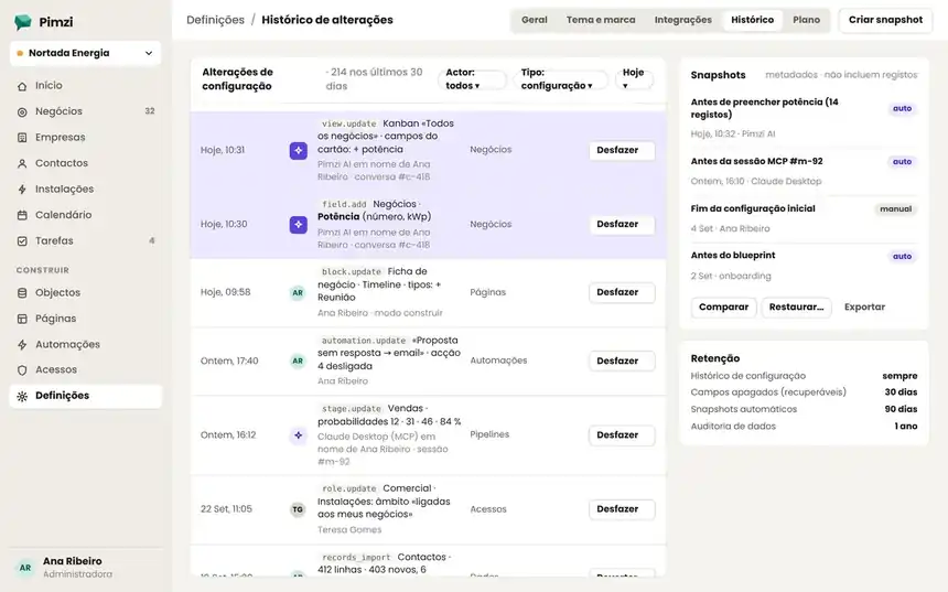 Pimzi configuration history with commands, actor and undo button