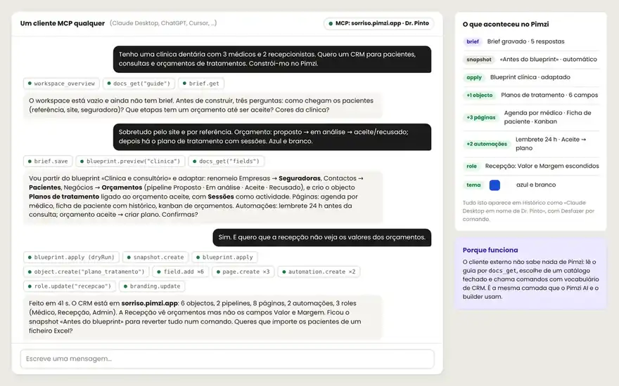 External MCP client (Claude) building a CRM in Pimzi by conversation