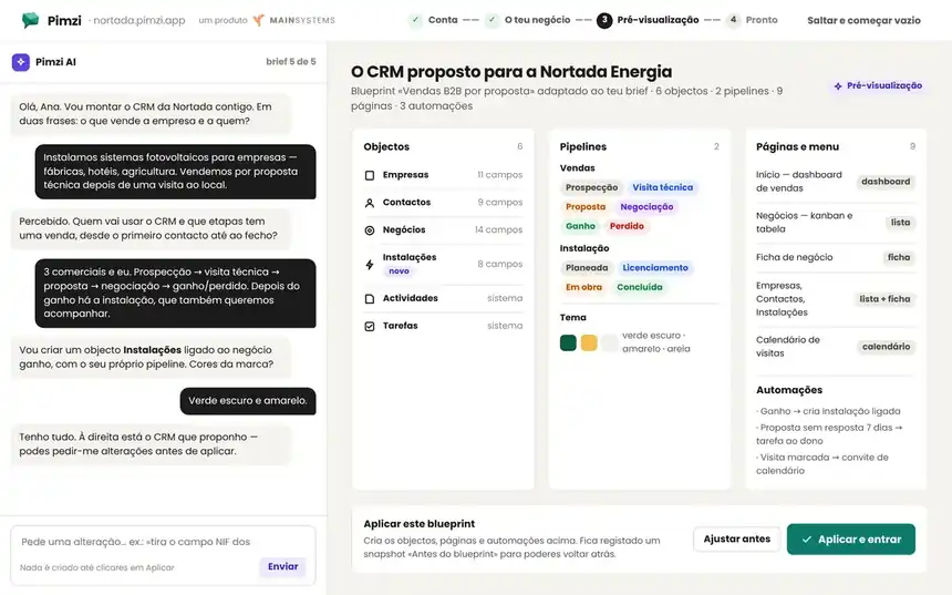 Pimzi onboarding: conversation with Pimzi AI on the left and the CRM proposal on the right